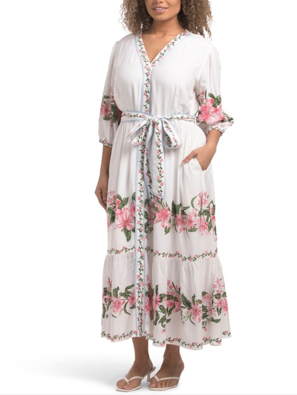 NWT Lea Maxi Tiered Dress White with Pink Floral Print and Tie Waist